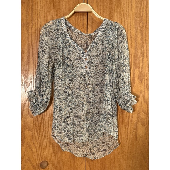 Blouse Top Wm S Small Blue Cream Leaf Floral Woods V Neck‎ Sheer Boho Hippie - Picture 1 of 13